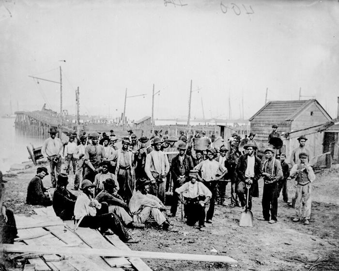 Freedmen laborers at Quartermaster’s Wharf, Alexandria, Virginia. African-American dockworkers and mariners taught Harriet Tubman to follow the North Star to freedom. 